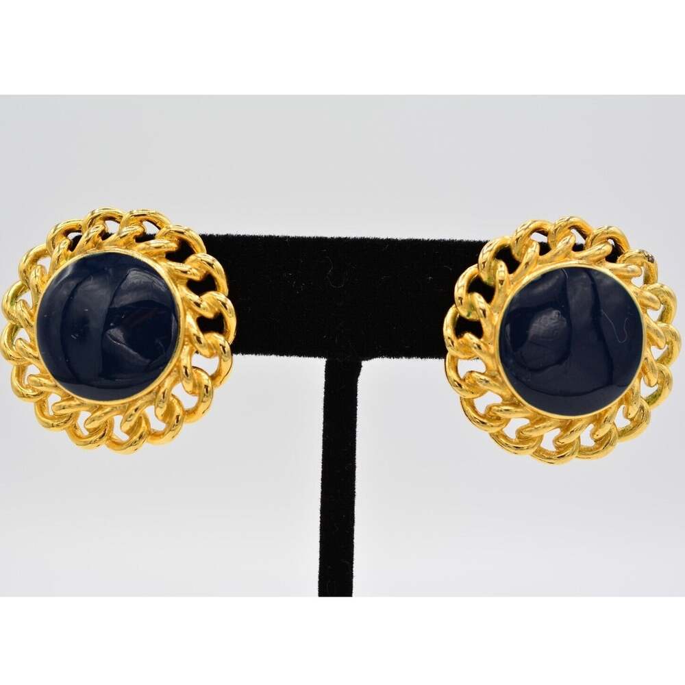 Vintage Chunky Earrings Navy Blue Black Enamel Gold Tone Round 1980s BinAK